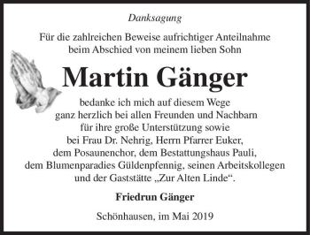 Traueranzeige von Martin Gänger  von Magdeburger Volksstimme