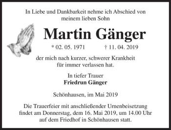 Traueranzeige von Martin Gänger  von Magdeburger Volksstimme