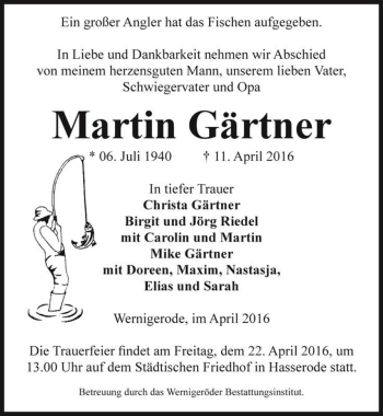Traueranzeige von Martin Gärtner  von Magdeburger Volksstimme