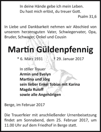 Traueranzeige von Martin Güldenpfennig  von Magdeburger Volksstimme