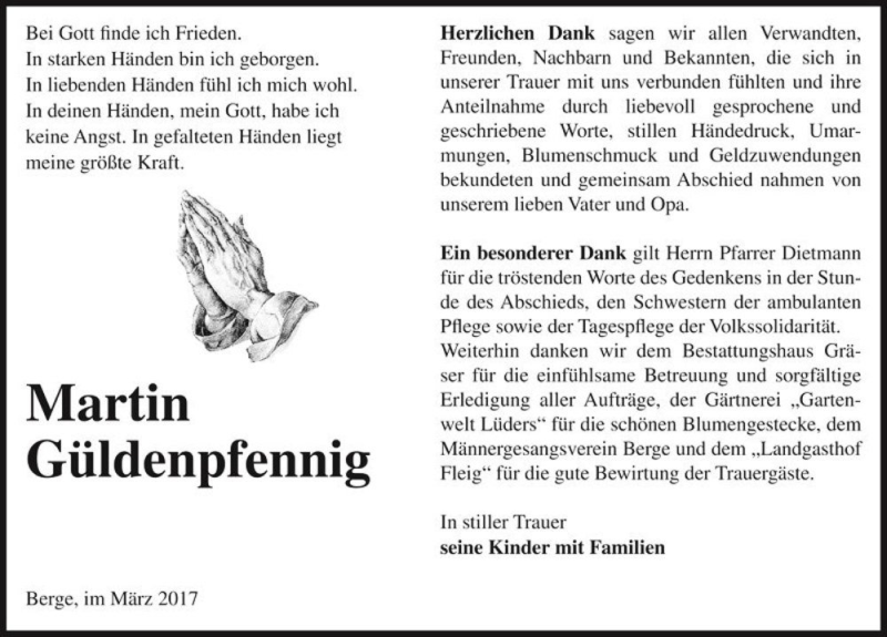  Traueranzeige für Martin Güldenpfennig  vom 09.03.2017 aus Magdeburger Volksstimme