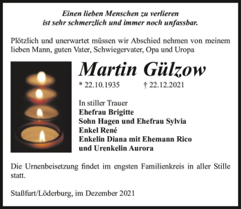Traueranzeige von Martin Gülzow  von Magdeburger Volksstimme