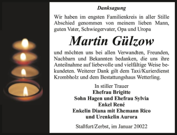 Traueranzeige von Martin Gülzow  von Magdeburger Volksstimme
