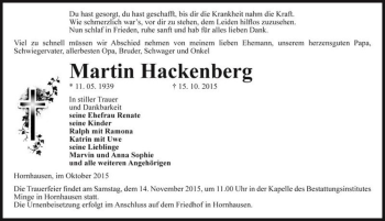 Traueranzeige von Martin Hackenberg  von Magdeburger Volksstimme