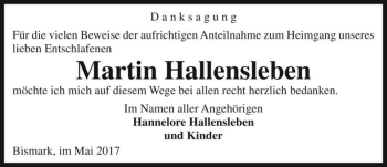 Traueranzeige von Martin Hallensleben  von Magdeburger Volksstimme