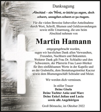 Traueranzeige von Martin Hamann  von Magdeburger Volksstimme
