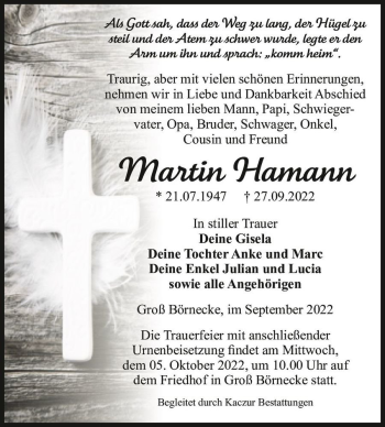 Traueranzeige von Martin Hamann  von Magdeburger Volksstimme