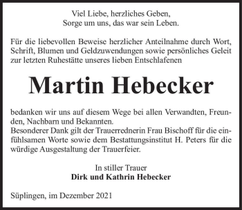 Traueranzeige von Martin Hebecker  von Magdeburger Volksstimme