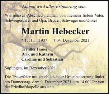 Traueranzeige von Martin Hebecker  von Magdeburger Volksstimme