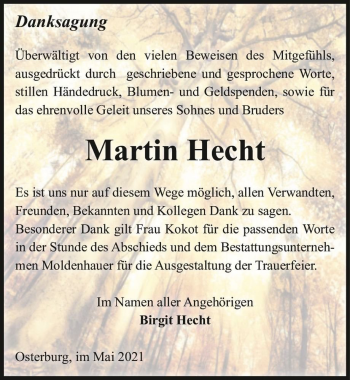 Traueranzeige von Martin Hecht  von Magdeburger Volksstimme