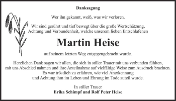 Traueranzeige von Martin Heise  von Magdeburger Volksstimme