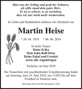 Traueranzeige von Martin Heise  von Magdeburger Volksstimme
