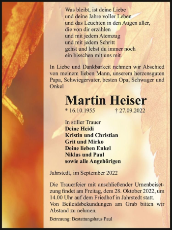Traueranzeige von Martin Heiser  von Magdeburger Volksstimme