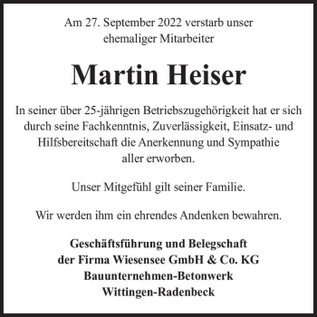 Traueranzeige von Martin Heiser  von Magdeburger Volksstimme