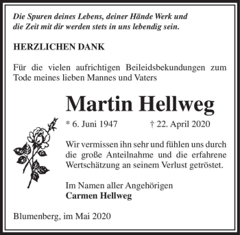 Traueranzeige von Martin Hellweg  von Magdeburger Volksstimme