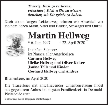Traueranzeige von Martin Hellweg  von Magdeburger Volksstimme