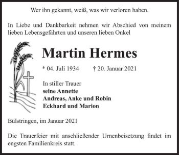 Traueranzeige von Martin Hermes  von Magdeburger Volksstimme