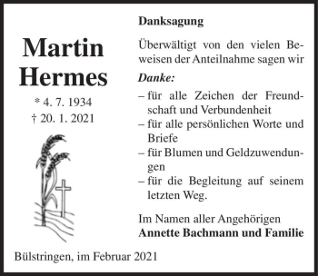 Traueranzeige von Martin Hermes  von Magdeburger Volksstimme