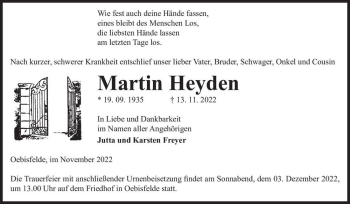 Traueranzeige von Martin Heyden  von Magdeburger Volksstimme