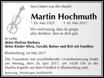 Traueranzeige von Martin Hochmuth  von Magdeburger Volksstimme