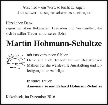 Traueranzeige von Martin Hohmann-Schultze  von Magdeburger Volksstimme