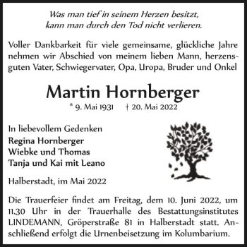 Traueranzeige von Martin Hornberger  von Magdeburger Volksstimme