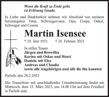 Traueranzeige von Martin Isensee  von Magdeburger Volksstimme