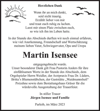 Traueranzeige von Martin Isensee  von Magdeburger Volksstimme