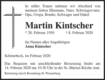 Traueranzeige von Martin Kintscher  von Magdeburger Volksstimme