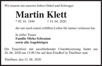 Traueranzeige von Martin Klett  von Magdeburger Volksstimme
