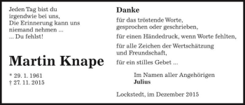 Traueranzeige von Martin Knape  von Magdeburger Volksstimme