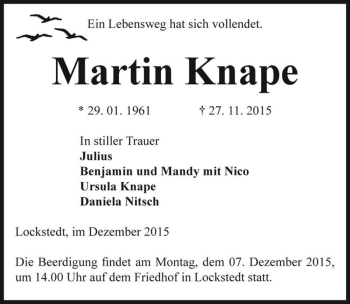 Traueranzeige von Martin Knape  von Magdeburger Volksstimme