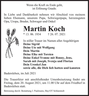 Traueranzeige von Martin Koch  von Magdeburger Volksstimme