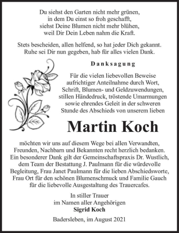 Traueranzeige von Martin Koch  von Magdeburger Volksstimme