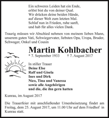 Traueranzeige von Martin Kohlbacher  von Magdeburger Volksstimme