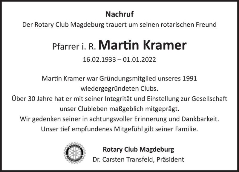  Traueranzeige für Martin Kramer  vom 08.01.2022 aus Magdeburger Volksstimme