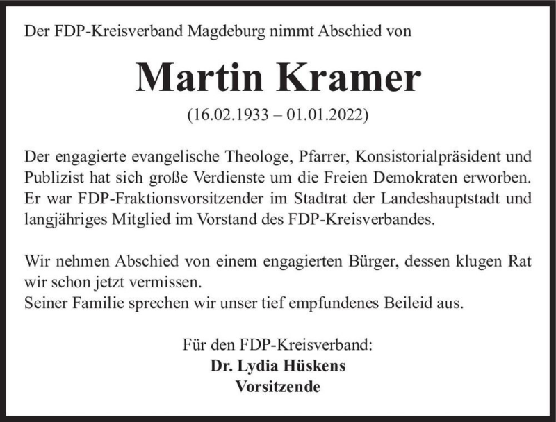  Traueranzeige für Martin Kramer  vom 08.01.2022 aus Magdeburger Volksstimme