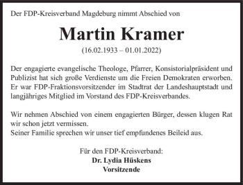 Traueranzeige von Martin Kramer  von Magdeburger Volksstimme
