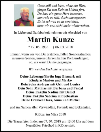 Traueranzeige von Martin Kunze  von Magdeburger Volksstimme