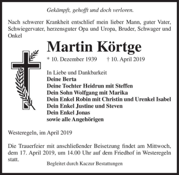 Traueranzeige von Martin Körtge  von Magdeburger Volksstimme