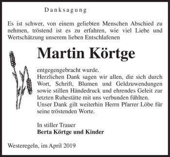 Traueranzeige von Martin Körtge  von Magdeburger Volksstimme