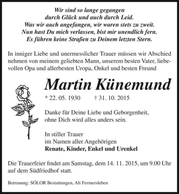 Traueranzeige von Martin Künemund  von Magdeburger Volksstimme