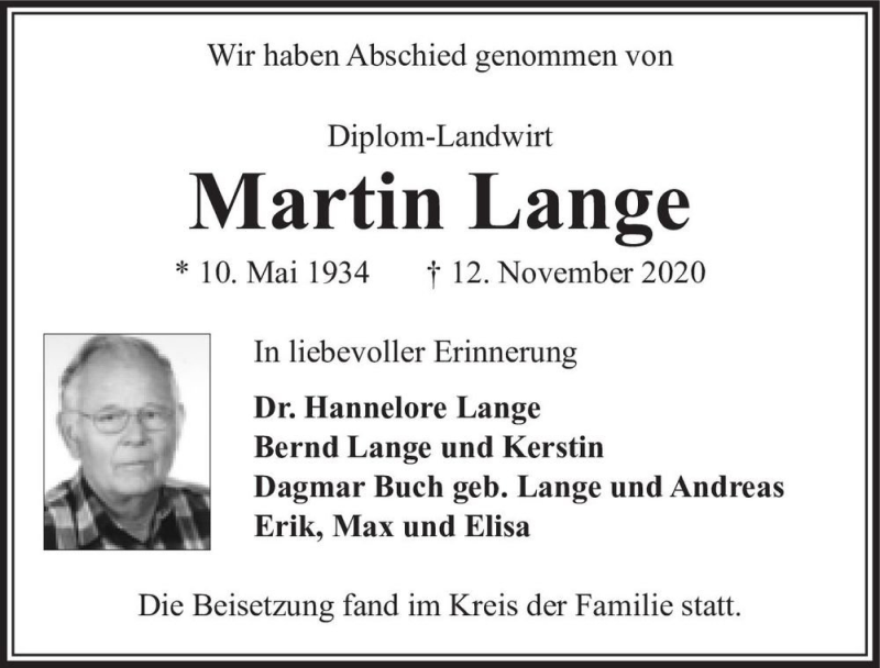  Traueranzeige für Martin Lange  vom 12.12.2020 aus Magdeburger Volksstimme