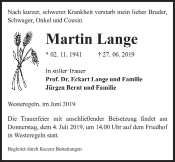 Traueranzeige von Martin Lange  von Magdeburger Volksstimme