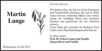 Traueranzeige von Martin Lange  von Magdeburger Volksstimme
