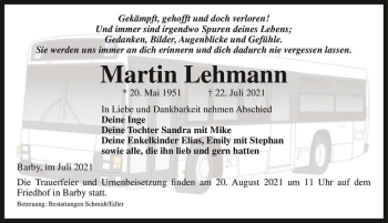 Traueranzeige von Martin Lehmann  von Magdeburger Volksstimme