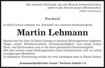 Traueranzeige von Martin Lehmann  von Magdeburger Volksstimme