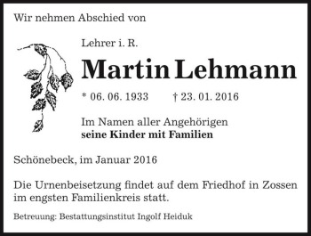 Traueranzeige von Martin Lehmann  von Magdeburger Volksstimme