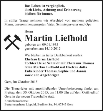 Traueranzeige von Martin Liefhold  von Magdeburger Volksstimme