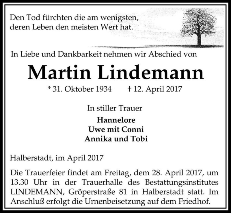  Traueranzeige für Martin Lindemann  vom 22.04.2017 aus Magdeburger Volksstimme